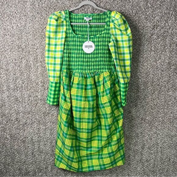 Christopher John Rogers Dress Women’s 6 Green Plaid Smocked Fit & Flare NWT - Picture 2 of 8